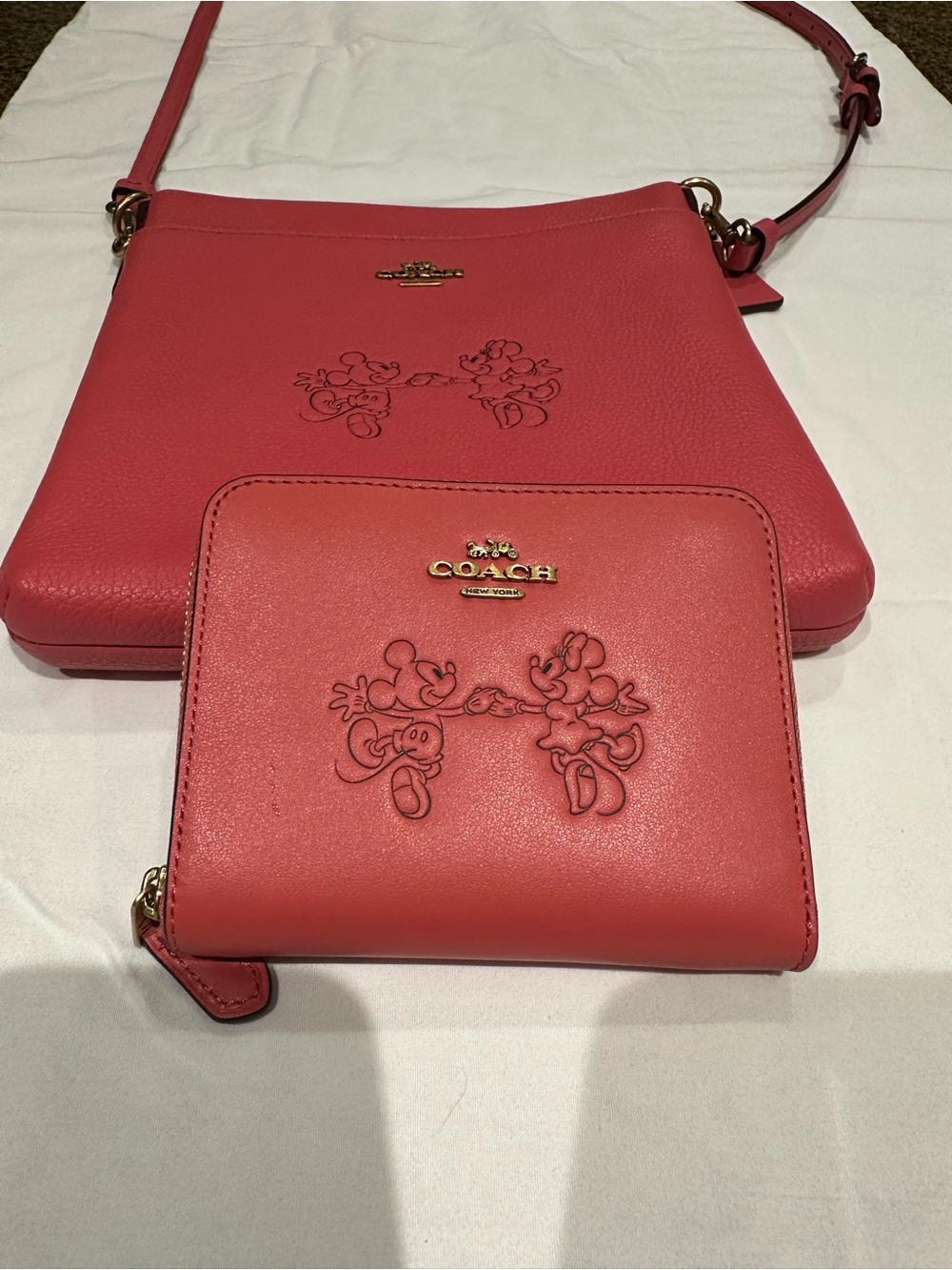 Coach Pink Mickey and Minnie  Leather Crossbody Bag and matching wallet.  New.